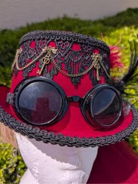Black Red Steampunk Burning Man Top Hat With Goggles and Lace Party Head Gear